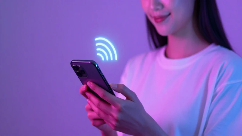 Joven con móvil, señal 5G brillante