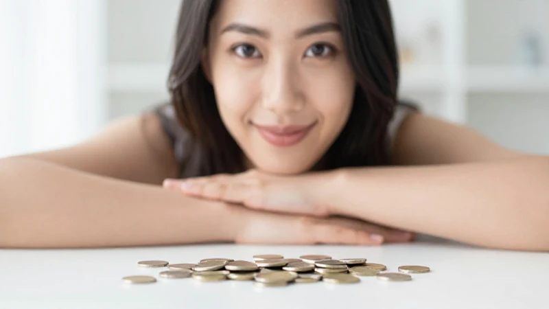 Mujer sonríe con confianza y monedas dispersas