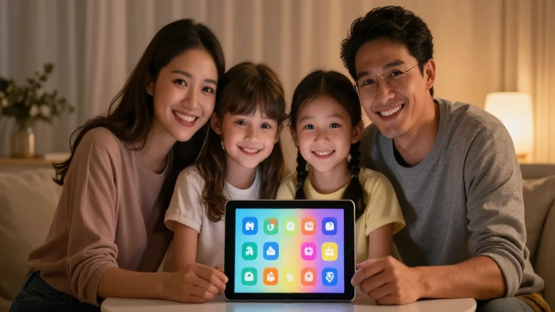 Familia alegre con tableta a la luz cálida