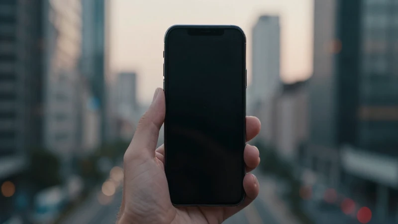 Teléfono a mano, ciudad desenfocada, cinematográfico