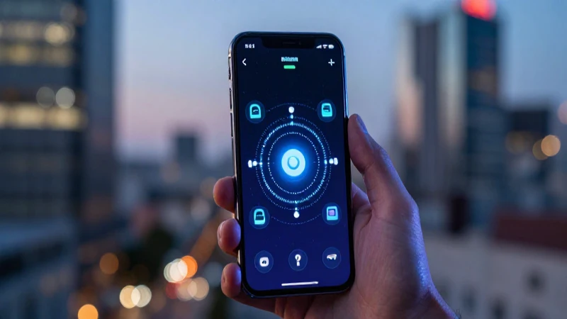Teléfono móvil muestra señal, ciudad difusa