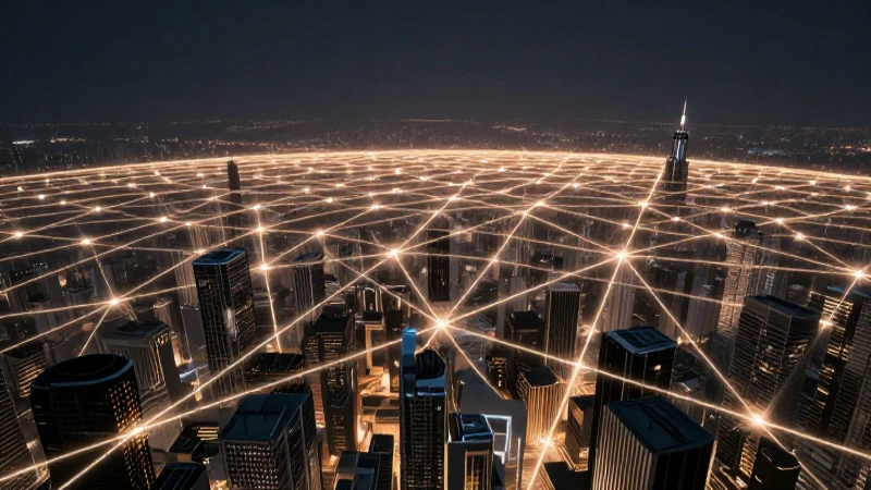Ciudad futurista con red interconectada e iluminación dramática