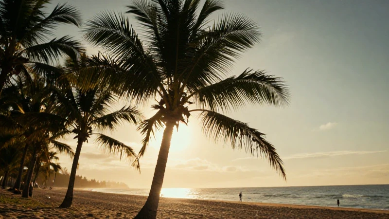 Playa tropical con silueta palmera al atardecer