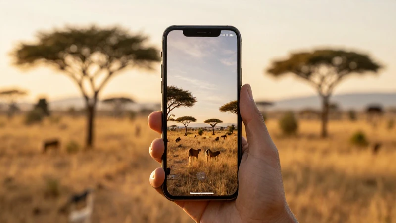 Teléfono Android al atardecer en la sabana
