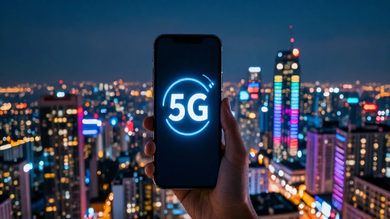 Smartphone muestra ciudad vibrante con 5G