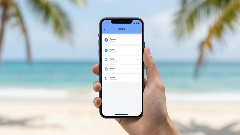 Smartphone muestra ajustes con playa tropical