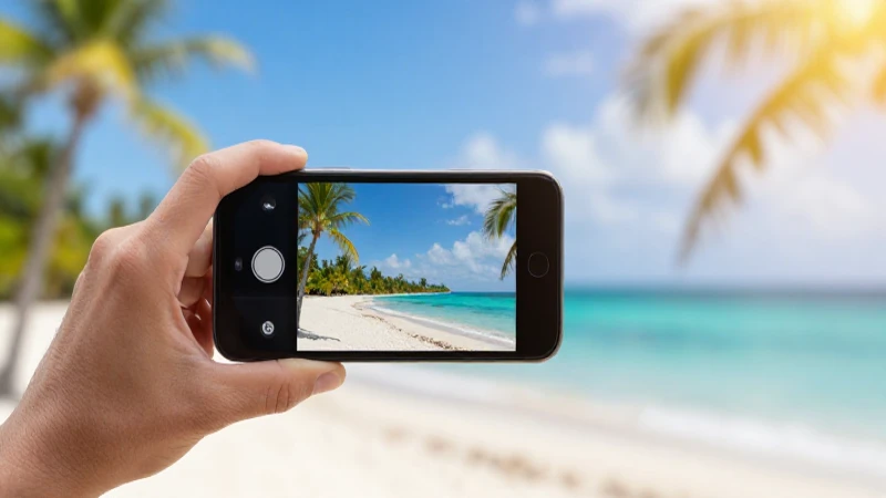 Smartphone en playa caribeña, luz tropical