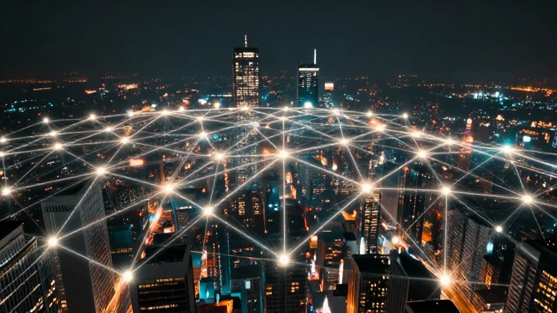 Ciudad futurista iluminada, vista cinematográfica