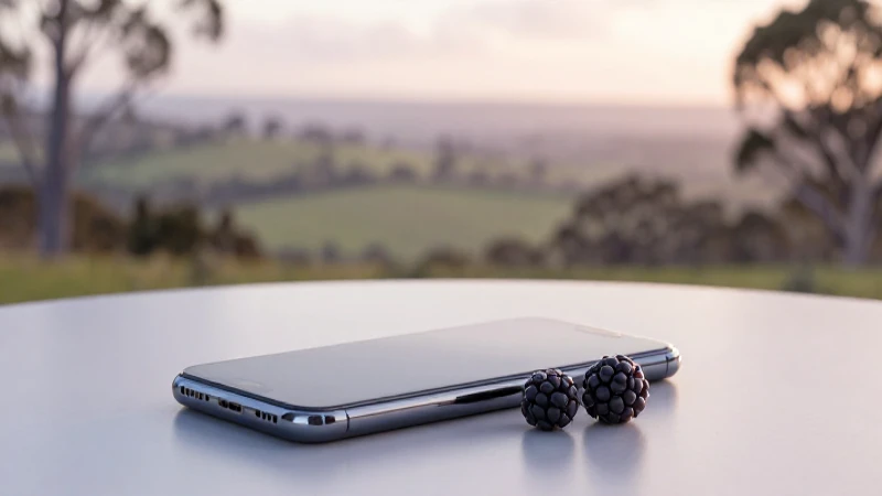 Teléfono Blackberry sobre mesa, paisaje australiano