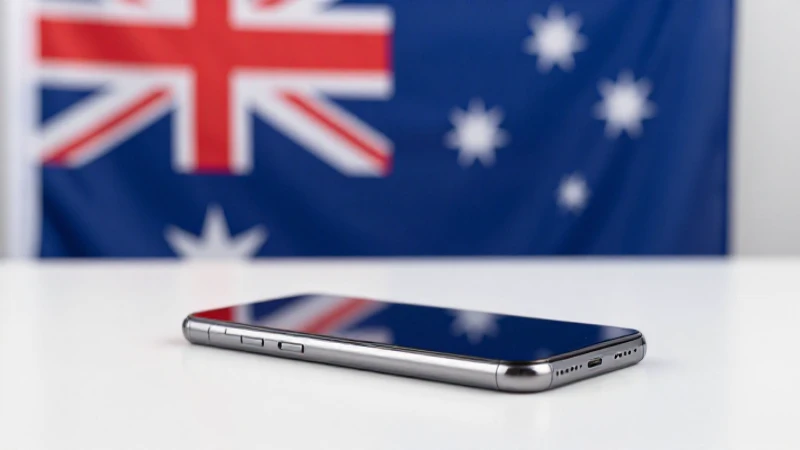 Teléfono móvil sobre mesa, bandera australiana
