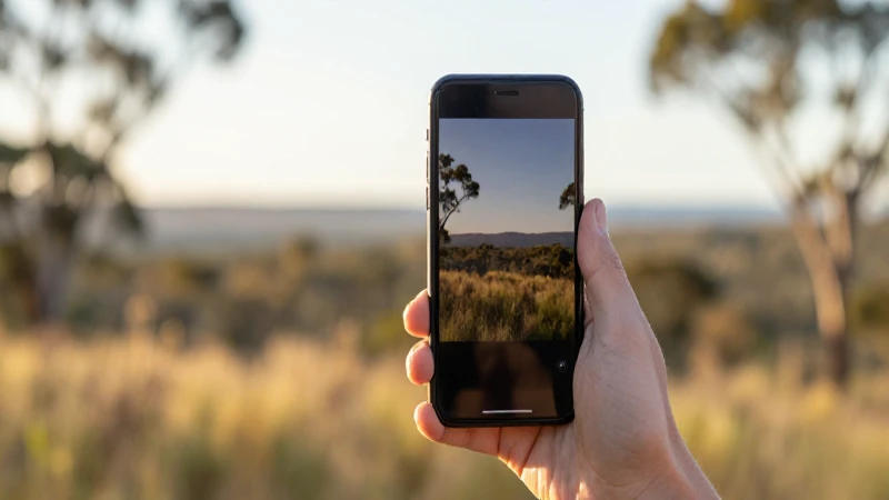 Teléfono móvil con paisaje borroso australiano