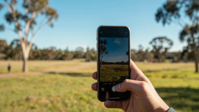 Paisaje australiano soleado, primer plano con móvil