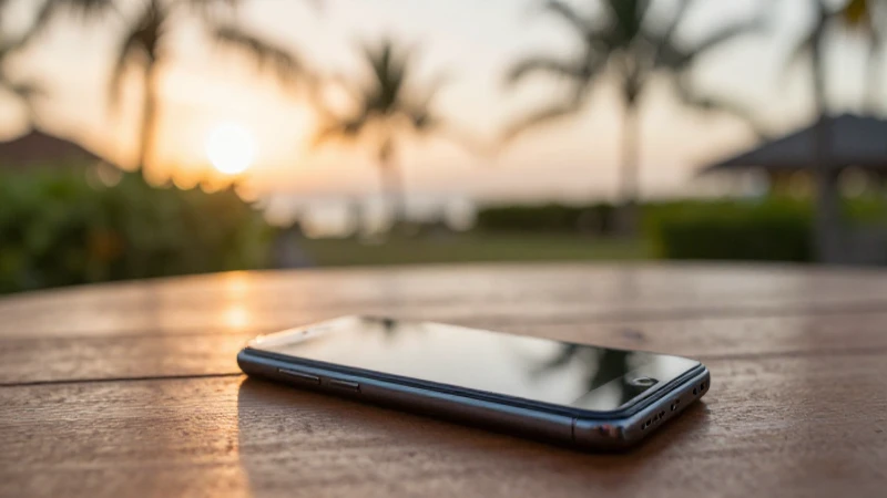 Teléfono móvil sobre mesa, ambiente tropical cálido