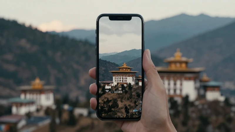 Teléfono iOS con paisaje bhutano cinematográfico