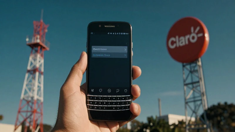 Teléfono BlackBerry iluminado contra torres de Claro