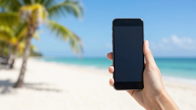 Teléfono celular en playa, luz brillante