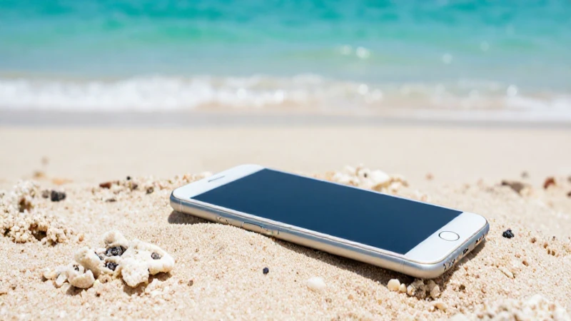 Smartphone sobre arena coralina, día soleado