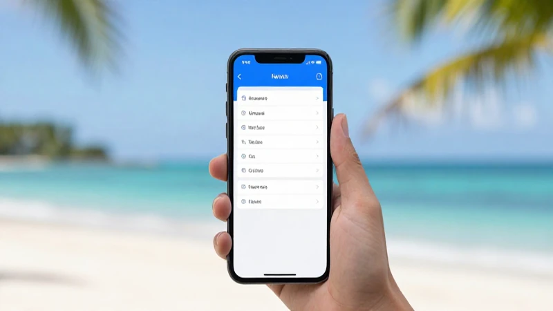 Smartphone mostrando ajustes, playa caribeña luminosa