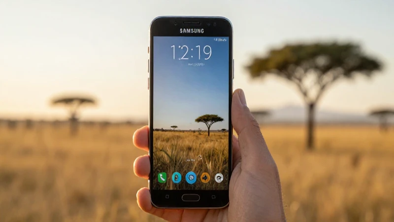 Teléfono Samsung en sabana, luz dorada