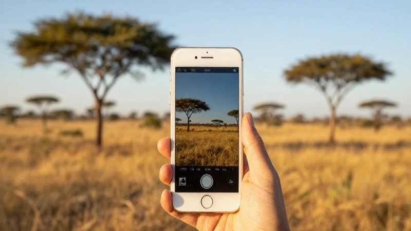 iPhone sobre sabana, luz cálida vibrante