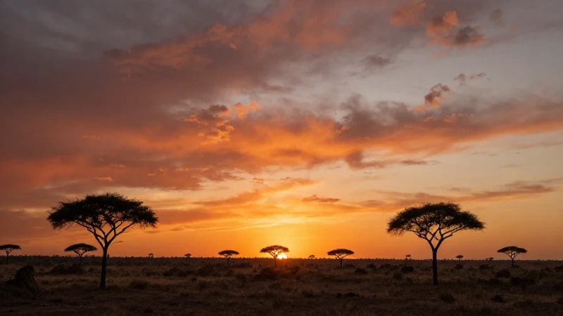 Sabana africana al atardecer, cálida e intensa