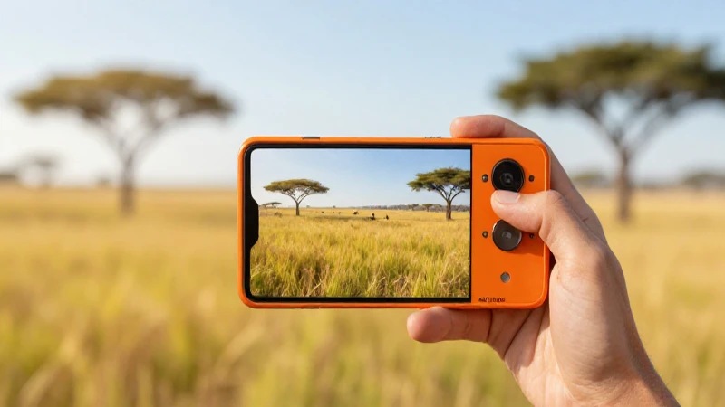 Teléfono naranja, sabana vibrante y luz suave