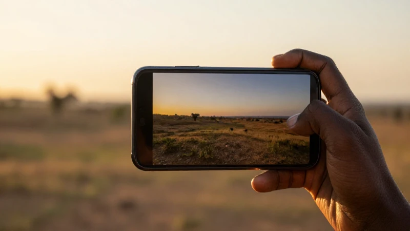 Smartphone en paisaje africano al atardecer