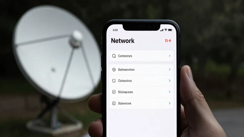 Teléfono muestra ajustes; antena satélite al fondo