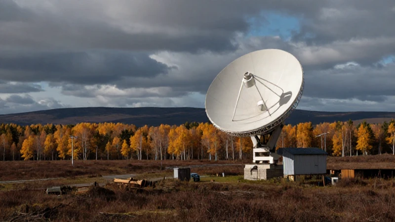 Paisaje otoñal remoto con antena satelital