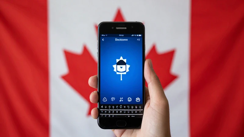 Smartphone negro con bandera canadiense detrás