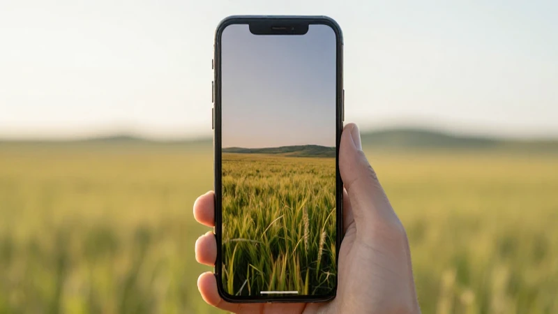 Pantalla del móvil sobre pradera, luz suave