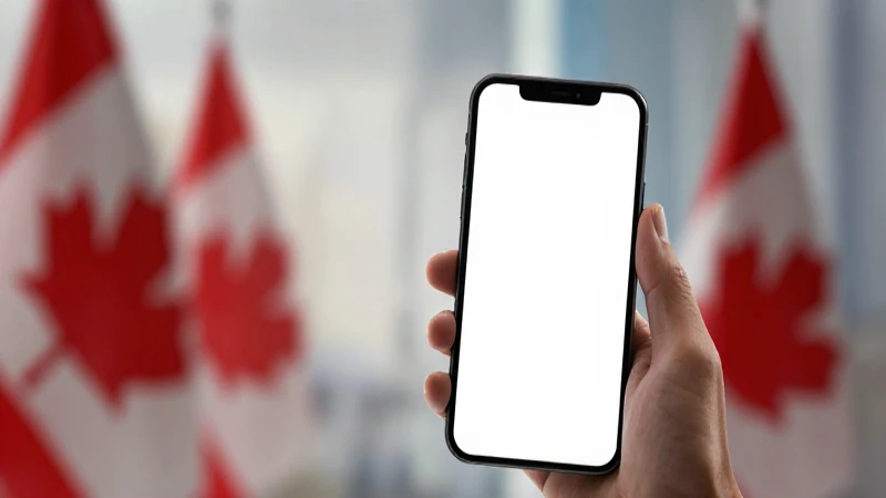 Teléfono Android con bandera canadiense, suavemente desenfocado