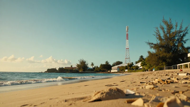 Playa caribeña al atardecer, con torre lejana