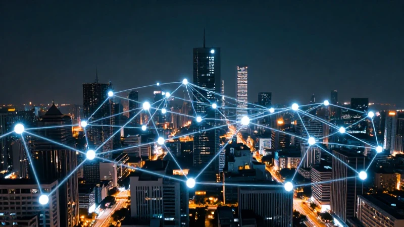 Ciudad moderna iluminada por nodos brillantes
