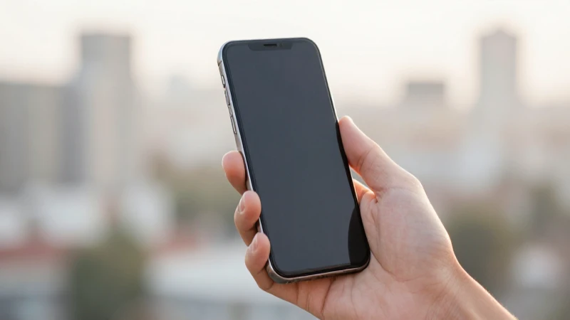 Smartphone en mano, ciudad borrosa cálida