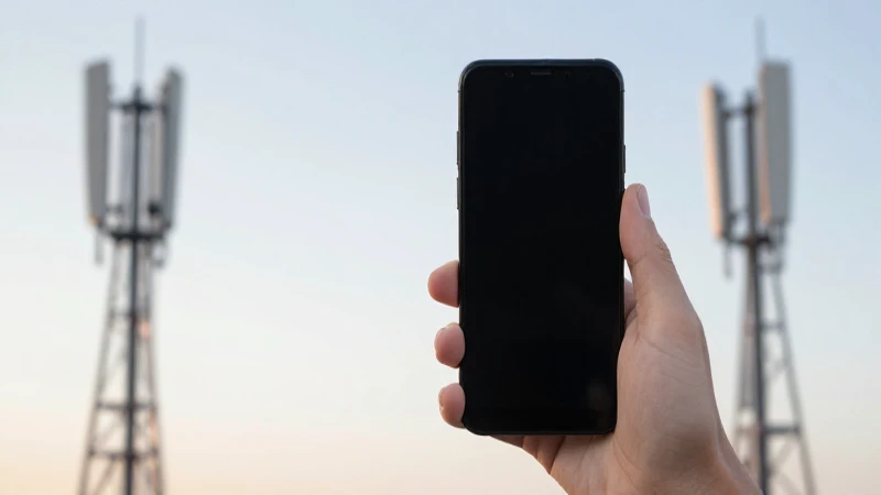 Smartphone Android sobre torres celulares, luz suave