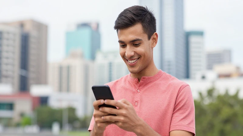 Joven sonríe usando el móvil en la ciudad