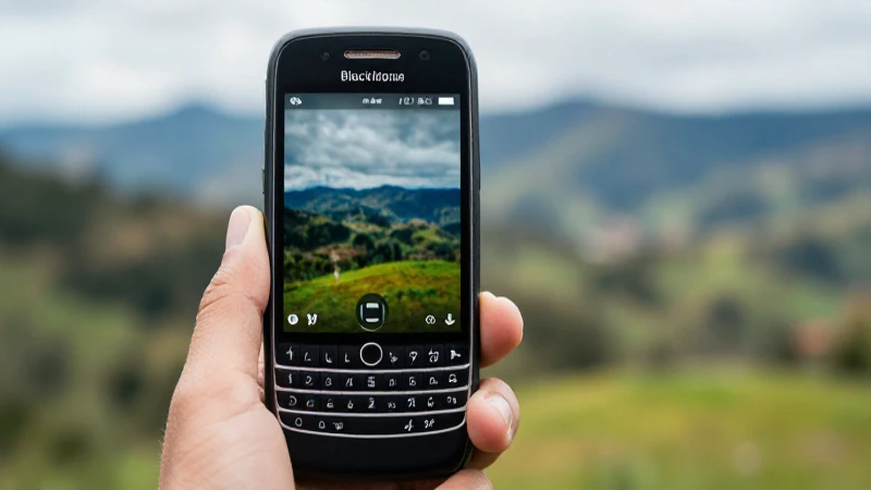 Teléfono BlackBerry con paisaje colombiano borroso