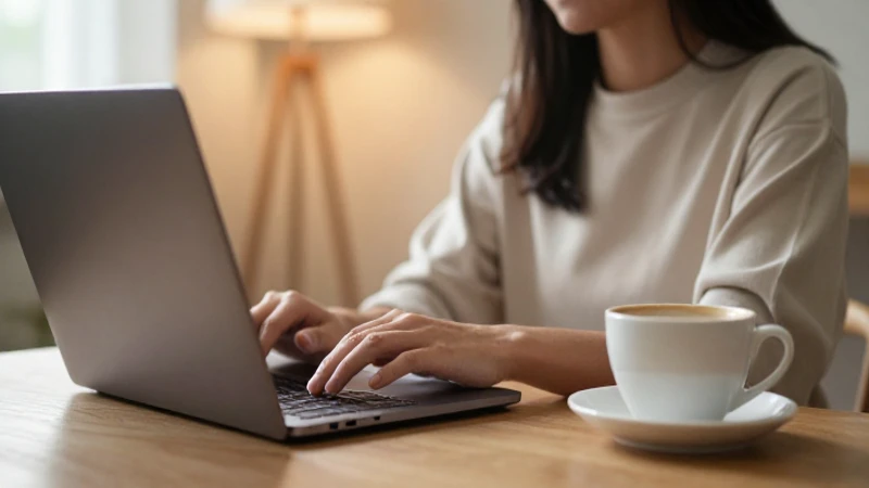 Mujer con portátil y café, ambiente cálido