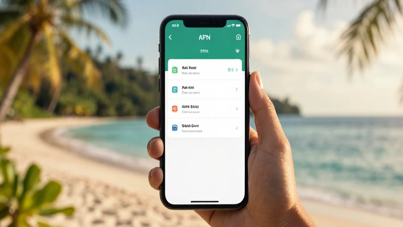 Teléfono muestra ajustes APN, playa tropical
