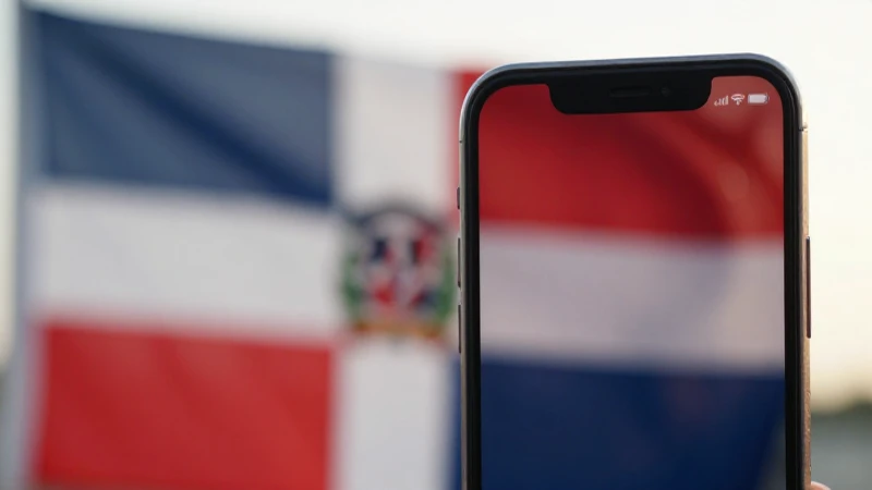 iPhone con bandera dominicana borrosa al fondo