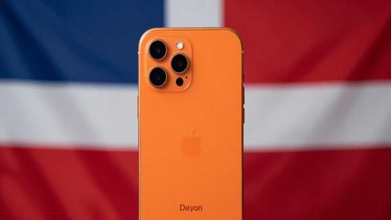 iPhone naranja sobre fondo de bandera dominicana