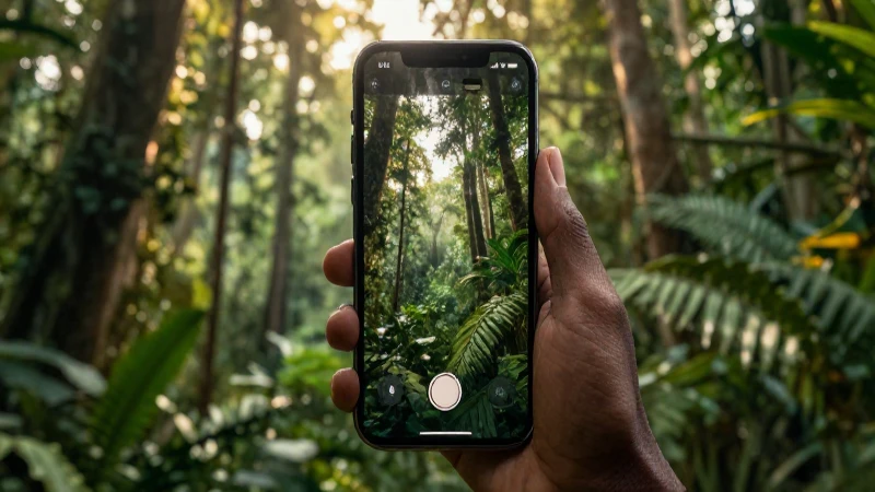 Teléfono conectado en selva con luz cálida