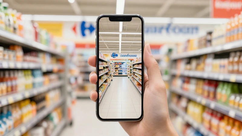 Teléfono moderno, supermercado colorido e iluminación suave