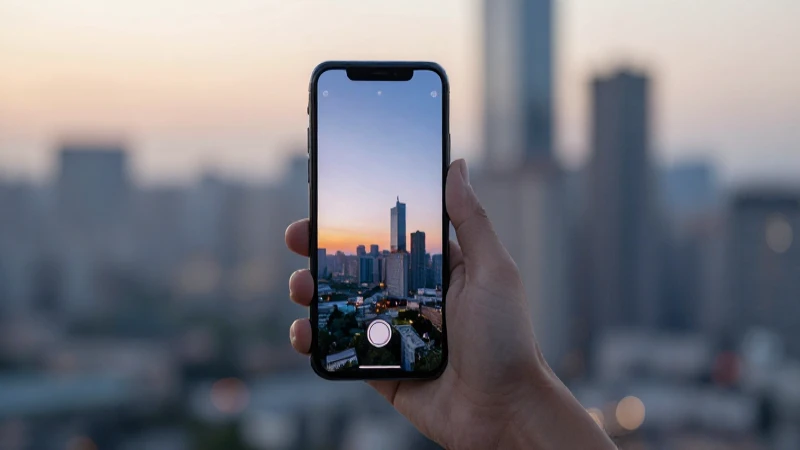 Smartphone moderno con fondo urbano difuminado