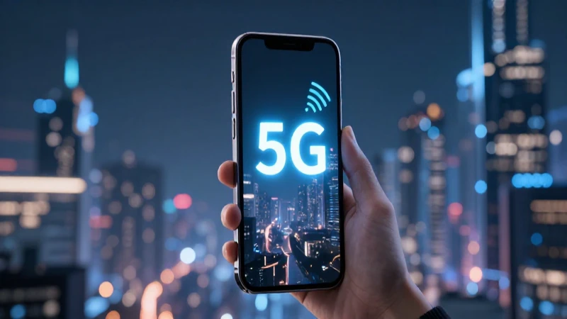 Smartphone exhibe 5G en ciudad futurista