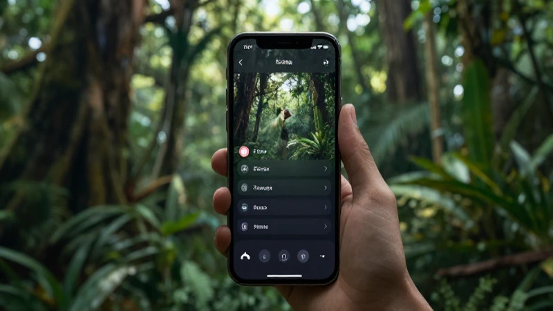 Smartphone con menú, selva y luz cinematográfica