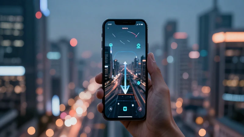 Teléfono muestra señal en ciudad futurista