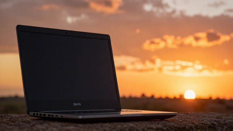 Portátil Libertis contra un atardecer africano cálido