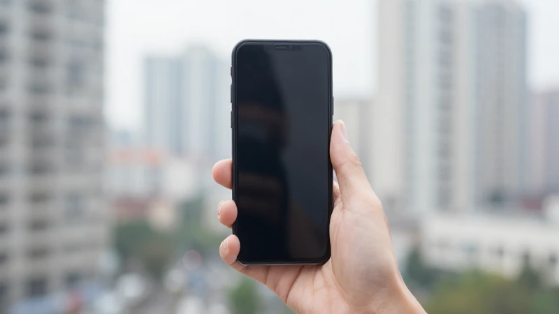 Smartphone en mano, fondo urbano difuso